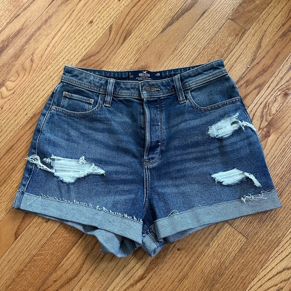 Hollister Distressed Dark Blue Denim Cargo Shorts
